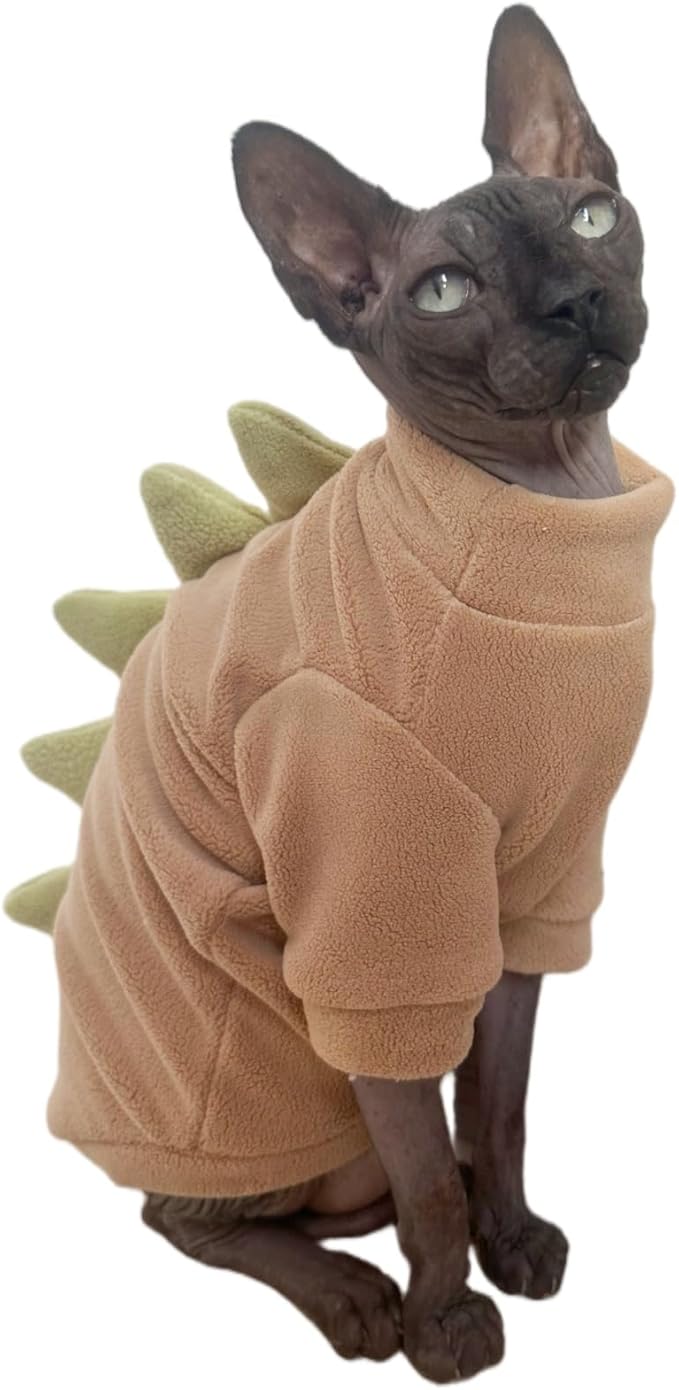 Dinosaur Sphynx Cat Clothes, Soft Polar Fleece Sweater for Cat, Elastic Pet Clothes Thick Winter Warm Outfit for Hairless Cat, Devon, Cornish, Small Dogs Apparel with Sleeves (Khaki, Large)