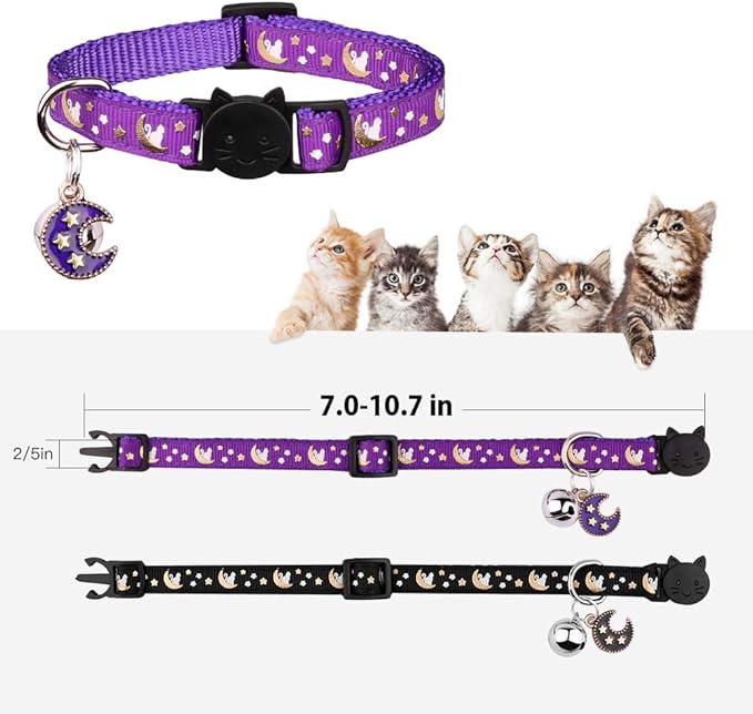 2Pcs Breakaway Cats Collars Cat Collars for Boy & Girl Cats Moons Adjustable Kitten Collars with Bell & Pendant Glow in The Dark,Purple+Black