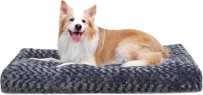 KSIIA Washable Dog Bed Deluxe Plush Dog Crate Beds Comfy Kennel Pad Anti-Slip Pet Sleeping Mat for Large, Jumbo, Medium, Small Dogs Breeds, 35" x 23", Dark Grey