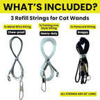 Replacement Strings for Cat Wands, 3 Pieces - Chew-Proof Metal Wire, Durable No Tangle Transparent Fishing Line and Paracord String - Heavy Chewers Refill Strings with Universal Clasps for All Toys