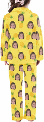 Artsadd Girls Pajamas Set Custom Face Pet Photo Long Sleeve Sleepwear Personalized Printed V-Neck Button-up Pants Nightwear