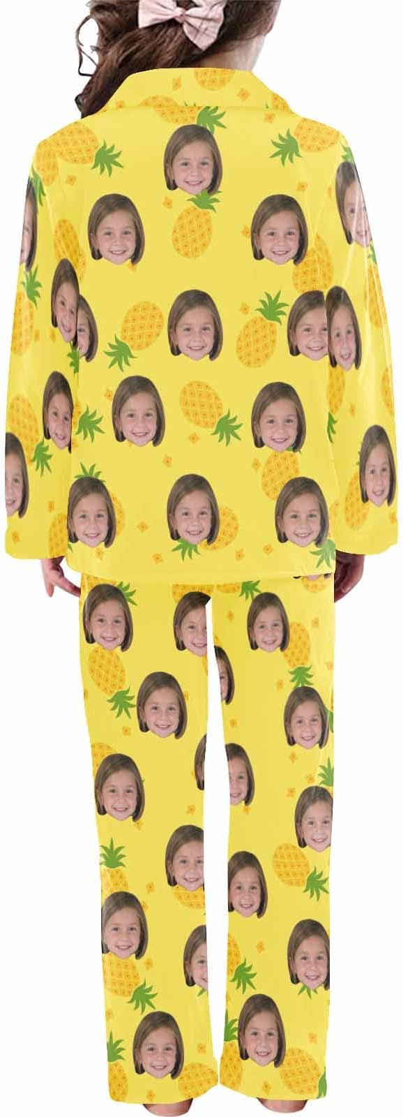 Artsadd Girls Pajamas Set Custom Face Pet Photo Long Sleeve Sleepwear Personalized Printed V-Neck Button-up Pants Nightwear