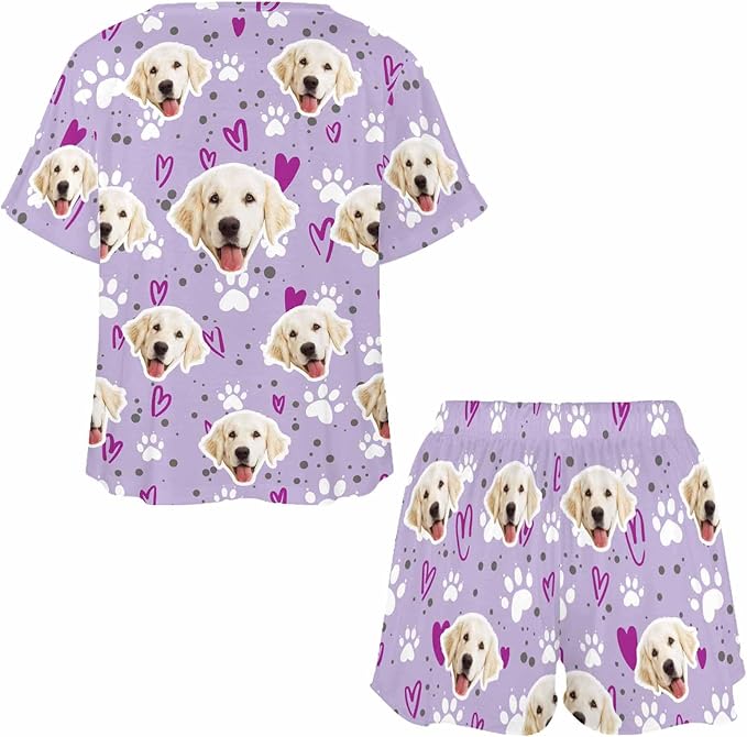 D-Story Custom Short Pajama Set with Pet Face Personalized Photo Sleepwear 2 Pieces Pjs Nightwear Xmas Gift for Women