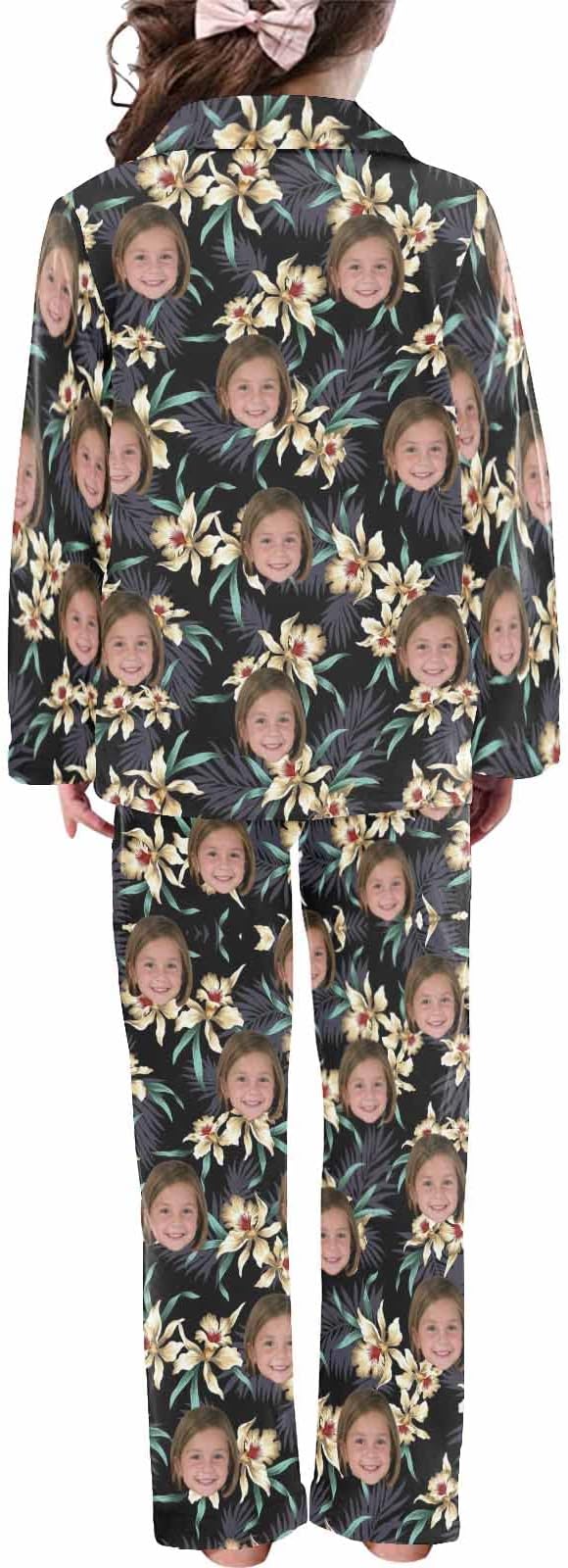 Artsadd Girls Pajamas Set Custom Face Pet Photo Long Sleeve Sleepwear Personalized Printed V-Neck Button-up Pants Nightwear