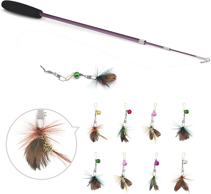 SONGWAY Cat Teaser Wand Toy - 10 Pieces Insect Cat Feather Toy Set with Retractable Wand and Feather Refills with Bell, Interactive Toys for Indoor Cats
