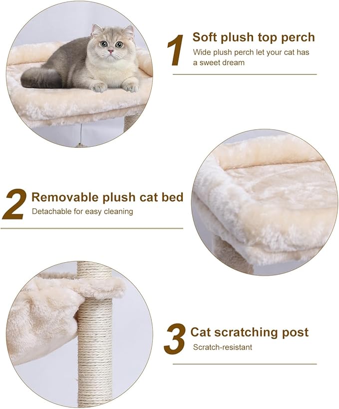SYANDLVY Small Cat Tree for Indoor Cats, Activity Cat Tower with Scratching Post for Kittens, Cat Furniture with Basket & Hanging Ball for Play Rest, Beige