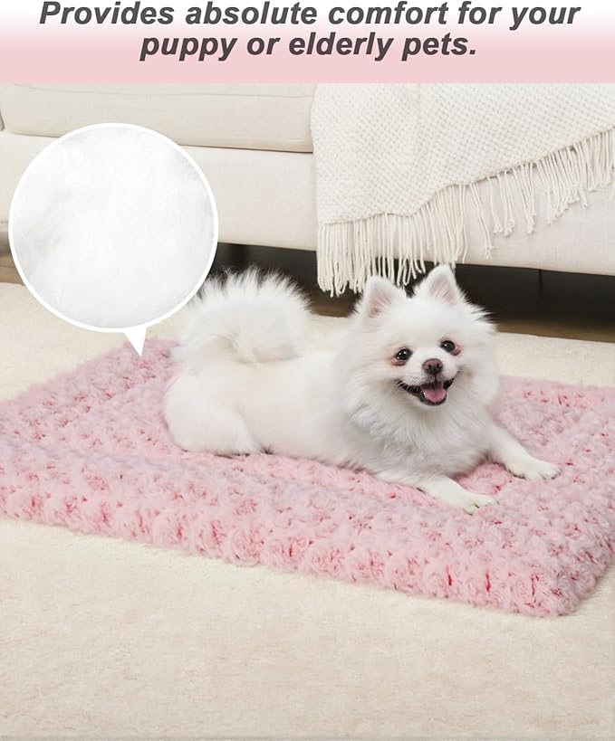Washable Dog Bed Mat Soft Dog Crate Pad Fluffy Pet Kennel Beds Sleeping Mattress with Non-Slip Bottom for Large Jumbo Medium Small Dogs, 47 x 29 Inch, Pink