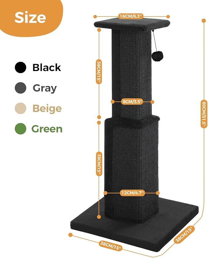 PAWZ Road Large Cat Scratching Post 32” Tall Black Scratching Post for Indoor Cats Adults Ultimate Scratch Post with Woven Sisal, Large Base and Removable Dangling Ball- Black
