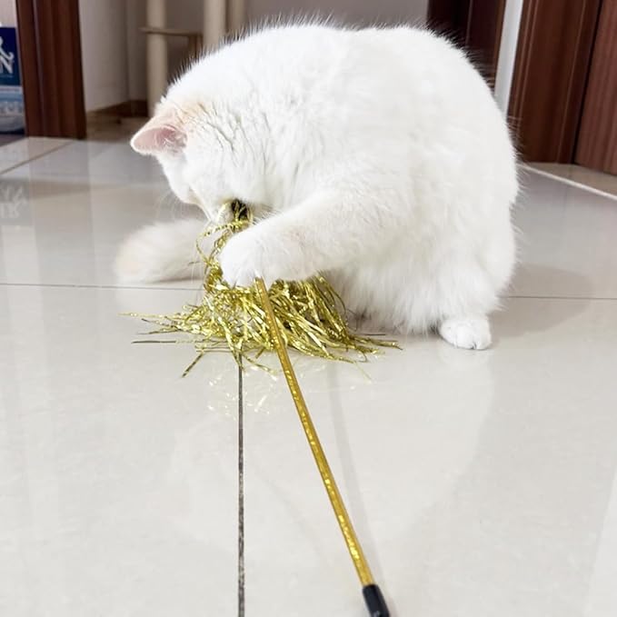 Cat Wand Toys, 4 PCS Tinsel Teaser Wand Shiny Ribbon Kitty Toy Interactive Cat Toy Kitten Wands for Indoor Cat Kitten Having Fun Exerciser Playing