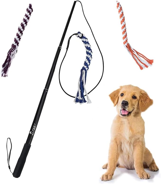 Flirt Pole for Dogs, Interactive Dog Toys for Dog Chase and Tug of War, Dog Teaser Wand with 3 Fleece Rope Chew Toy, Pet Flirt Stick Pole for Small Medium Large Dogs Training Exercise
