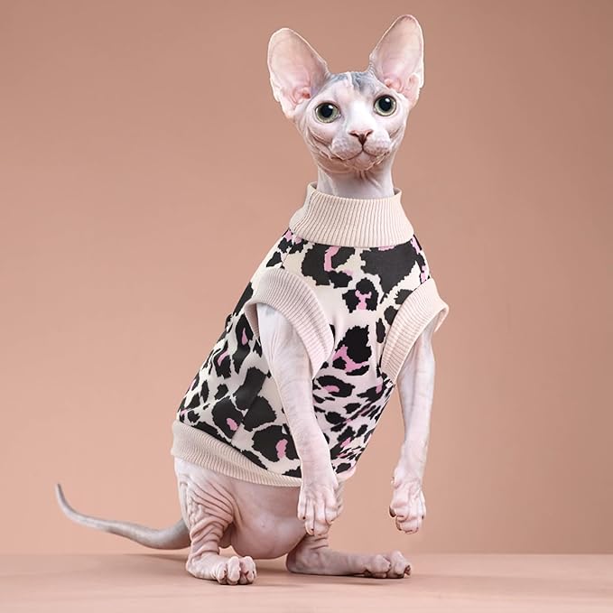 Idepet Cat Clothes Kitten Sweater Soft Kitten Shirt Cute Leopard Print Kitty Vest Pullover Pajamas Jumpsuit Cotton Apparel for Hairless Cats & Puppy (Pink,XXL)