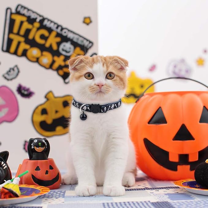 BoomBone Skull Cat Collar Breakaway with Bell,Pack of 2 Safe Halloween Puppy Collars