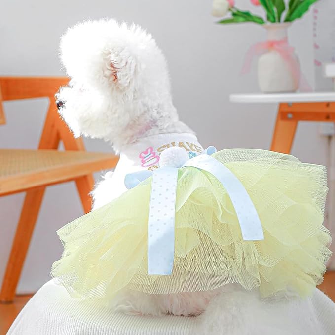 Dog Easter Outfit with Embroidered Bunny Patterns and Cute Pompom Holiday Puppy Dress Bow Small Dog Tutu Cat Apparel Fancy Pet Clothes,Yellow,Blue,White (Yellow, X-Large)