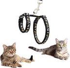 Cat Harness and Leash Set for Outdoor Walking Escape Proof Adjustable Soft Safety Strap with Golden Star and Moon Design Glow in The Dark Black XL