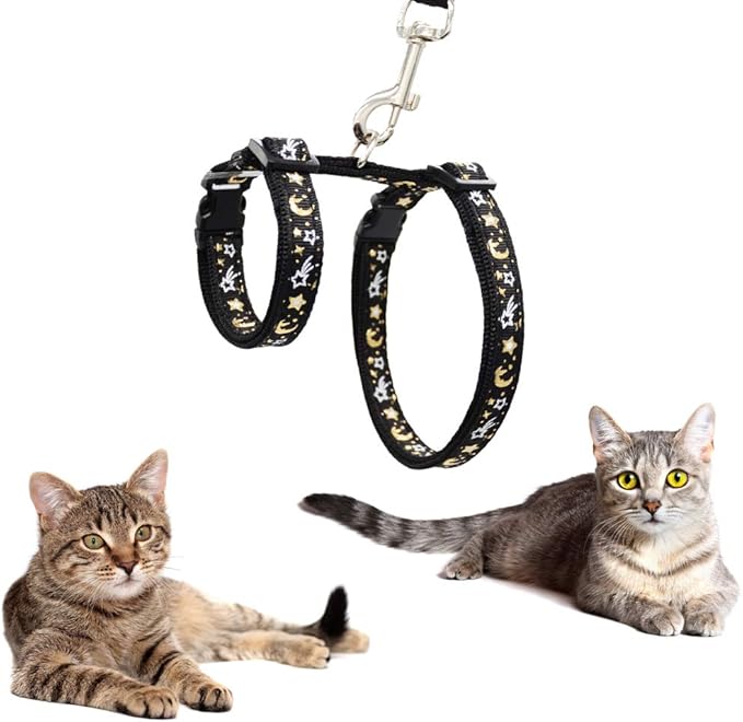 Cat Harness and Leash Set for Outdoor Walking Escape Proof Adjustable Soft Safety Strap with Golden Star and Moon Design Glow in The Dark Black XL