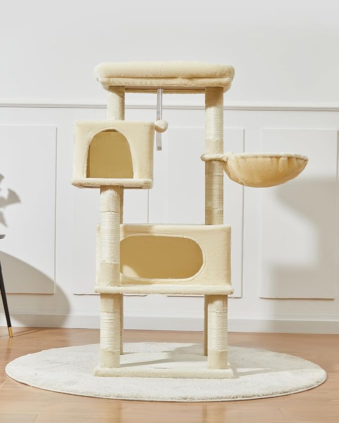 Taoqimiao Cat Tree,49-Inch Cat Tower for Indoor Cats,2 Luxurious cat condo with Adjustable Large Hanging Baskets and Large Luxurious Perch Beige MS029LM