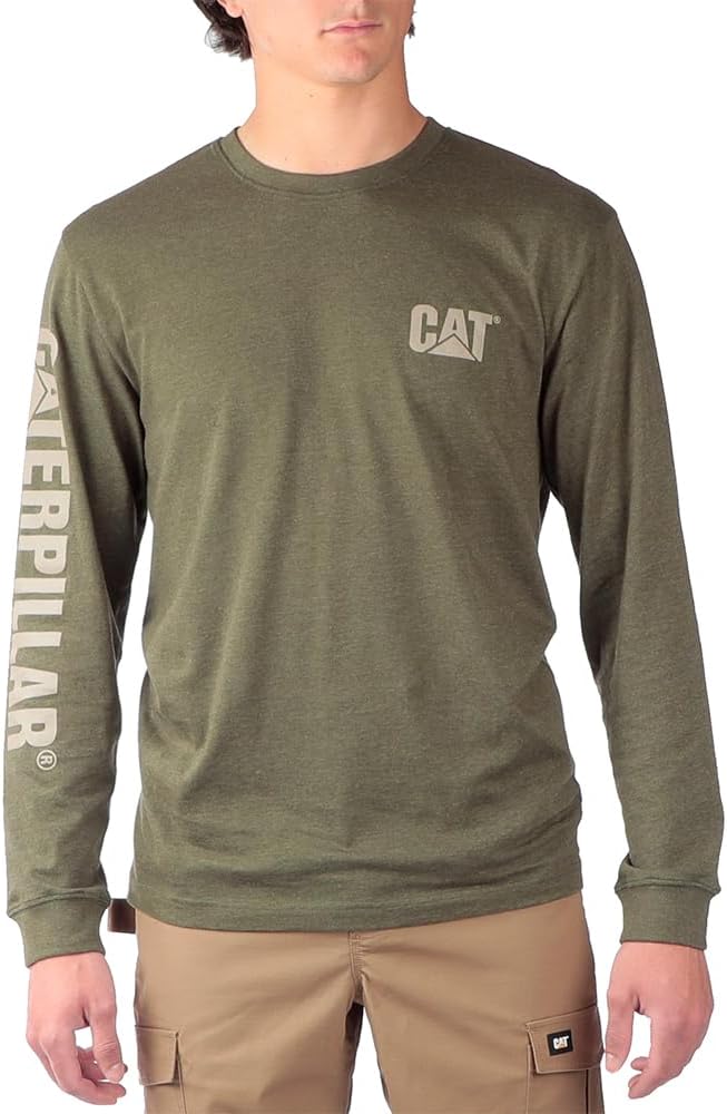 Caterpillar Trademark Banner Long Sleeve Tee Shirts for Men with Center Back Neck Wire Management Loop and Cat Workwear Logo