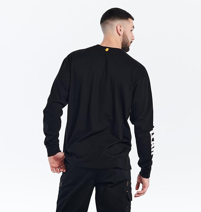 Caterpillar Trademark Banner Long Sleeve Tee Shirts for Men with Center Back Neck Wire Management Loop and Cat Workwear Logo