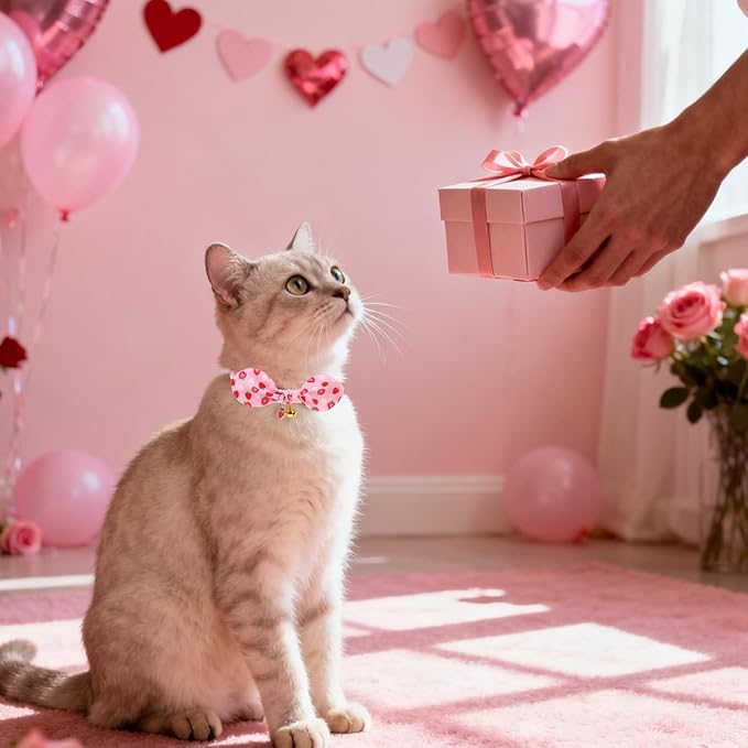 EXPAWLORER Bunny Ear Cat Collar with Bell, Soft Breakaway Kitten Collar with Bow and Accessory, Pink Girl Cat Collars with Safety Quick Release Clasp, Pet Collar for Valentine's Day (Strawberry)