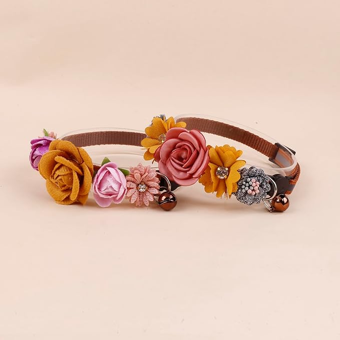 2 Pack Cat Collar Pink Floral with Bell and Removable Flower Bowtie Breakaway Adjustable Cat Collar for Girl Kitten Puppy Small Cats Dogs Daily Decoration (XQ10-4)