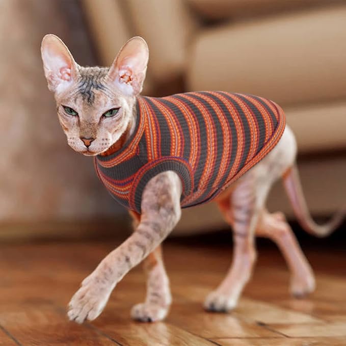 BRKURLEG Sphynx Hairless Cats Shirt Puppy Clothes Soft Cotton T-Shirts Cute Cats Pajamas Cat Stripes Vest Pet Sweater, Round Collar Vest Kitten Shirts(Red Stripes, M)