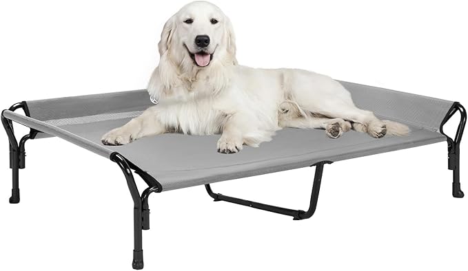 Veehoo Cooling Elevated Dog Bed, XL Raised Pet Cot with Guardrail & Slope Headrest, Durable Breathable Teslin Mesh, Non-Slip Feet, Washable Dog Couch Bed for Indoor & Outdoor, 50.5" x 33.5, Gray