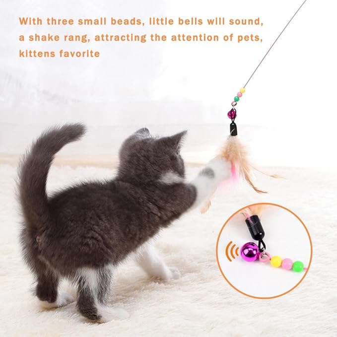 6 Pack Cat Feather Toy, Interactive Pet Kitten Chaser Teaser Wire Wand with Bell Beads for Cat Exercise Play Fun Gifts - Wholesale