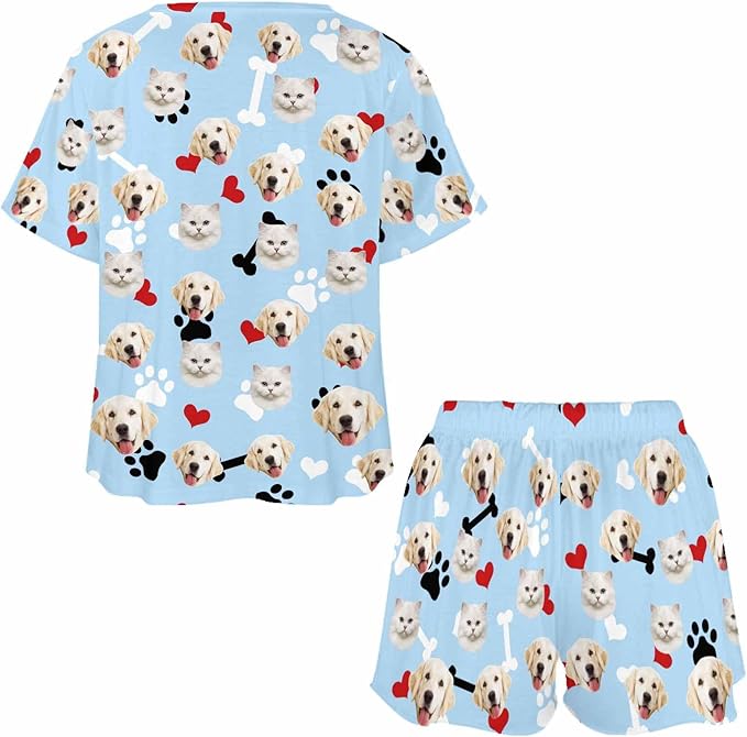 Custom Short Pajamas Set with Face Photo Women‘s Sleepwear Tee Personalized PJ Short Loungewear Set fot Her