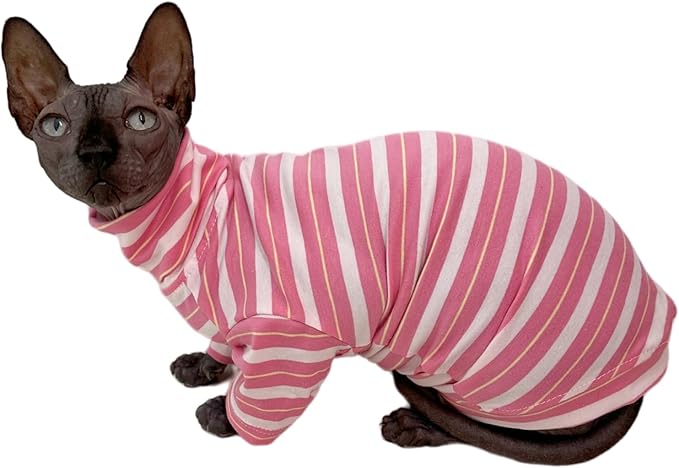 Vintage Stripes Sphynx Hairless Cats Shirt Cotton Cat Turtleneck Pet Clothes Kitten T-Shirts with Sleeves for Sphynx Cats (Sakura, Large)
