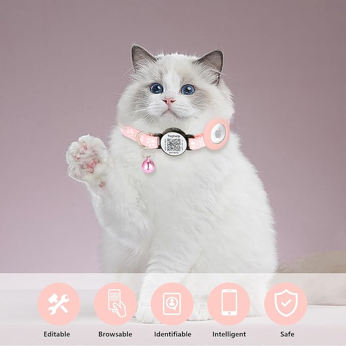 Reflective AirTag Cat Collar, Integrated Cat Collar with Air Tag Holder and Bell, Breakaway with QR Code Name Tag,Safety Elastic Band Cat Collars for Girl Boy Cats, Kittens and Puppies (Blue)