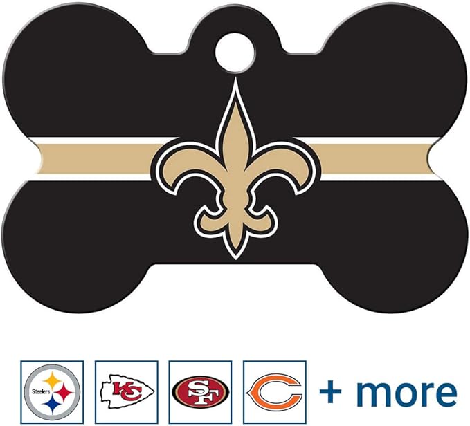 GoTags Personalized New Orleans Saints Dog Tag, Brass Metal Bone Shape Pet ID Tag Engraved with Name and Custom Text, Every NFL Football Team Pet Apparel (Large)
