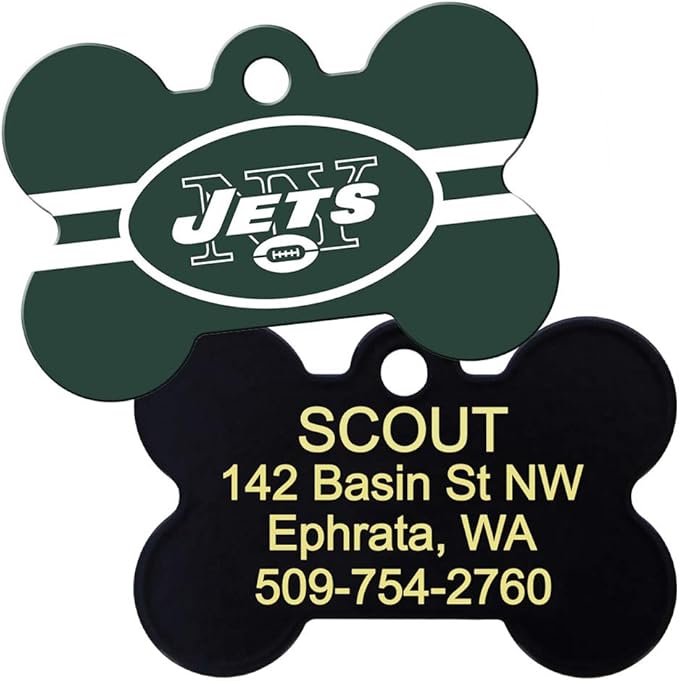 GoTags Personalized New York Jets Dog Tag, Brass Metal Bone Shape Pet ID Tag Engraved with Name and Custom Text, Every NFL Football Team Pet Apparel (Large)