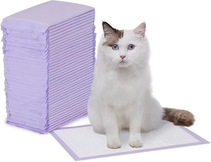 Amazon Basics Cat Pee Pads, Super Absorbent, Odor Control, Universal Fit for Litter Box, Disposable, Multi Cat, Unscented, Purple, 40 Count