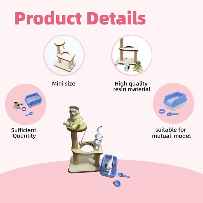1/12 Scale Accessories Cat Figurines Sets which Including Blue Litter Box,Climbing Tree and 3 Cats - Mini Resin Animals for Dollhouse Decoration and Miniatures Cake Topper