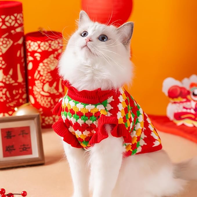 Small Dog Sweater, Knitted Tulip Cat Sweater, Warm Thick Holiday Puppy Clothes for Small Dog Girl,Cold Weather Outfit for Kitten Chihuahua Yorkie Teacup Dachshund Pug (Red, X-Small)