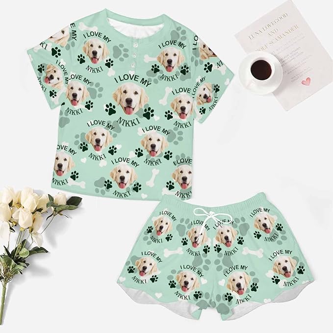 Custom Short Pajamas Set with Face Photo Women‘s Sleepwear Tee Personalized PJ Short Loungewear Set fot Her