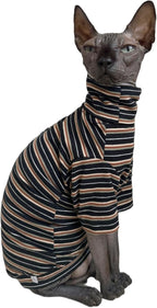Vintage Stripes Sphynx Hairless Cats Shirt Cotton Cat Turtleneck Pet Clothes Kitten T-Shirts with Sleeves for Sphynx Cats (Vintage Black, Large)