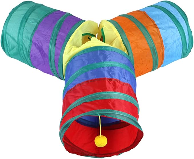 32Pcs Cat Toys Kitten Interactive Pet Toys Assortments, Foldable Rainbow Tunnel, Teaser Wand Fluffy Mouse Crinkle Balls Bell Play for Puppy Kitty (3 way)