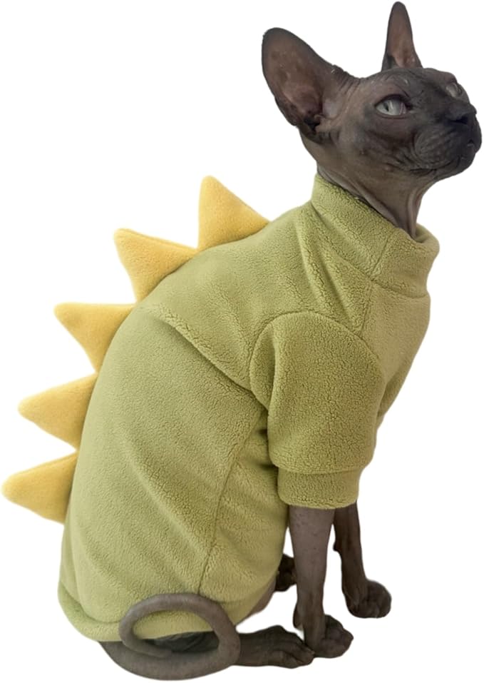 Dinosaur Sphynx Cat Clothes, Soft Polar Fleece Sweater for Cat, Elastic Pet Clothes Thick Winter Warm Outfit for Hairless Cat, Devon, Cornish, Small Dogs Apparel with Sleeves (Green, Small)