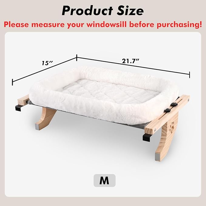 AMOSIJOY Cat Sill Window Perch Sturdy Hammock Window Seat with Cushion Bed Cover, Wood & Metal Frame for Large Cats, Easy to Adjust Cat Bed for Windowsill, Bedside, Drawer and Cabinet (M)
