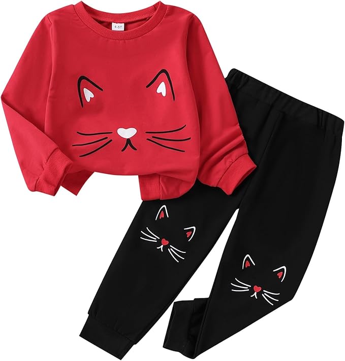 4-8T Toddler Girl Clothes Cat face print Short Sleeve Top+Pants Outfits Girl Spring and summer 2-Piece Set