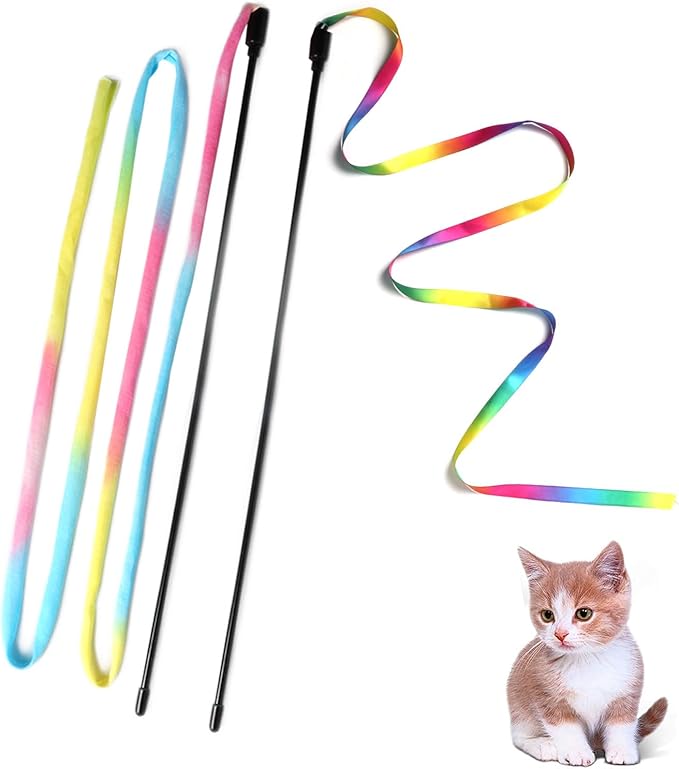 Cat Wand Toys Interactive Kitten Toys for Indoor Cats Colorful Teaser Wand String for Exercise Kitten Stick Kitty Rope Toy Rainbow Ribbon Cat Charmer -2Pcs