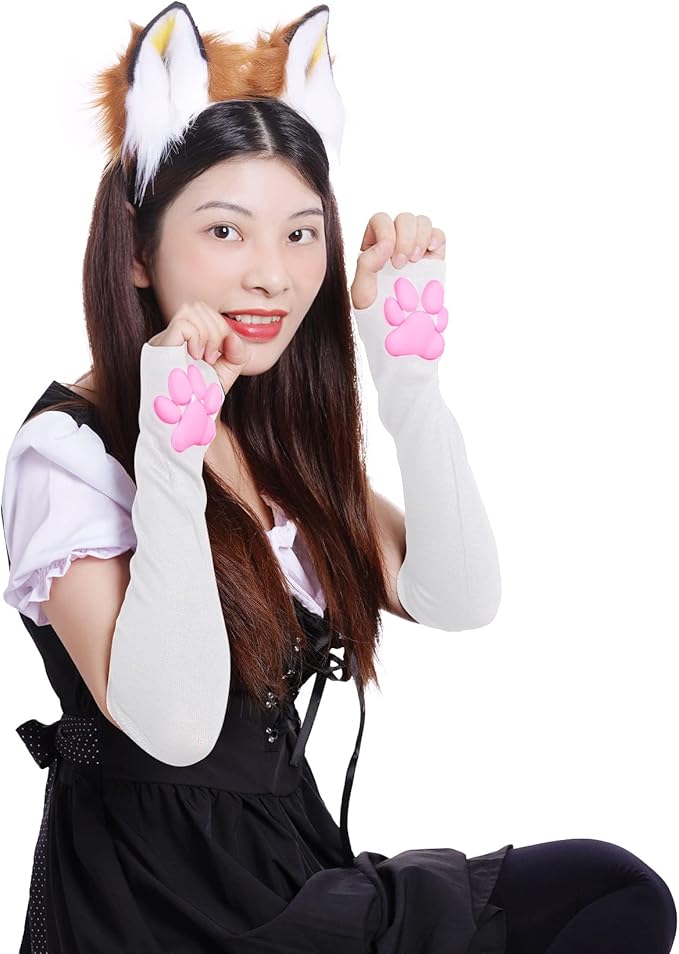 Nydotd Cat Paw Pad Mittens Gloves Kawaii Pink 3D Claw Fingerless Cute Cat Cosplay Gloves Sleeve for Girls Party