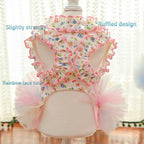 Floral Puppy Dress with D-Ring Ruffled Small Dog Clothes Female Spring Cat Outfit Sleeveless Pet Princess Skirt Cute Dogs Tutu Dresses (Pink, Large)