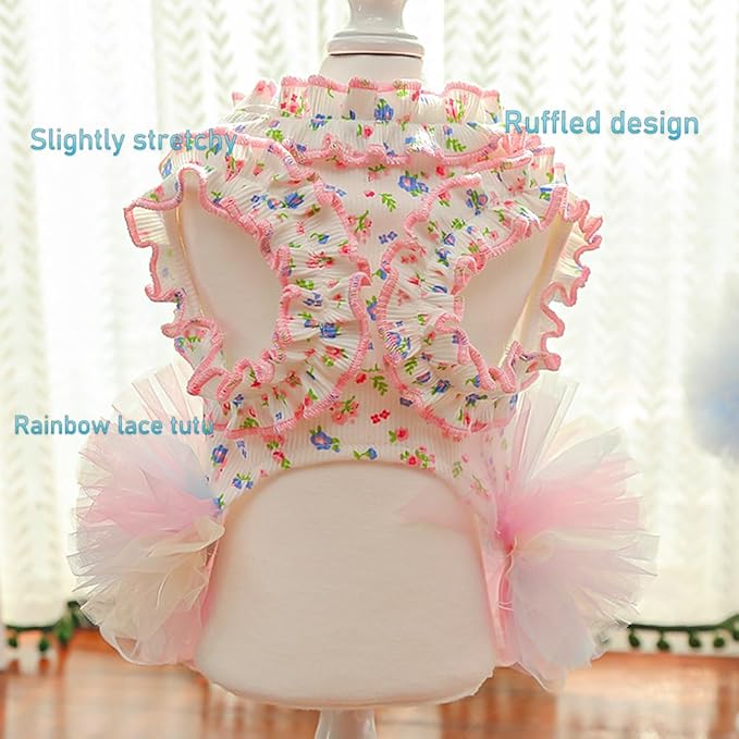 Floral Puppy Dress with D-Ring Ruffled Small Dog Clothes Female Spring Cat Outfit Sleeveless Pet Princess Skirt Cute Dogs Tutu Dresses (Pink, Large)