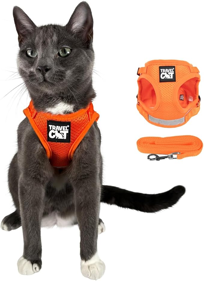 Travel Cat Harness and Leash Set - Adjustable Fit Mesh Cat Harness and Reflective Strap - Comfort Walking Vest for Kitten for Outdoor Walking, Hiking (Small, Orange)