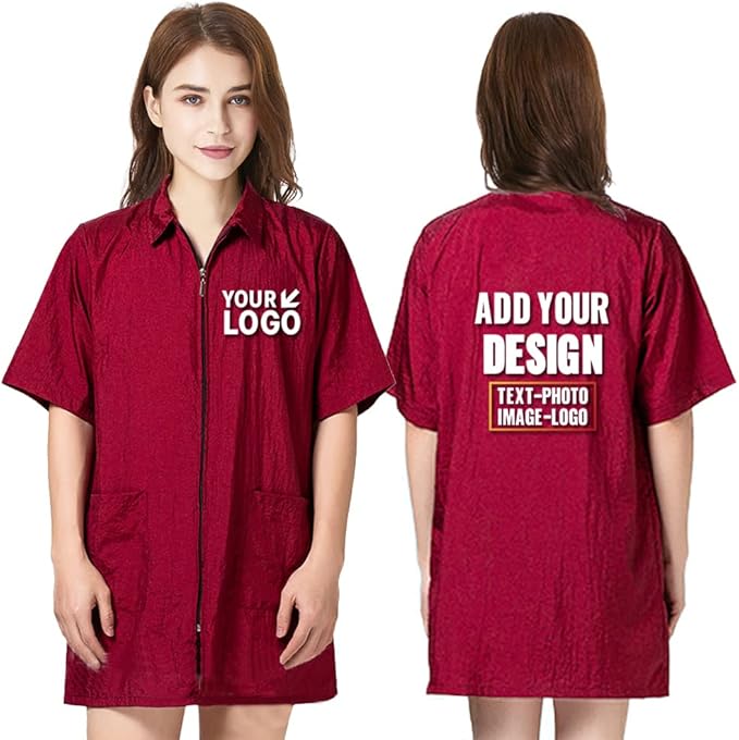 TopTie Custom Printed Nylon Salon Hairstylist Smock Barber Haircut Zipper Jacket, Dog Pet Grooming Work Shirt Uniform
