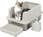 RIZZARI Open Cat Litter Box: Large Beige Stainless Steel Litter Pan 23.8" x 15.9" x 12.4" - High Sided Splash-Proof Easy Clean Toilet for Cats up to 20 lbs - Ideal for - Laundry Areas - Apartments