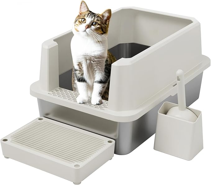 RIZZARI Open Cat Litter Box: Large Beige Stainless Steel Litter Pan 23.8" x 15.9" x 12.4" - High Sided Splash-Proof Easy Clean Toilet for Cats up to 20 lbs - Ideal for - Laundry Areas - Apartments