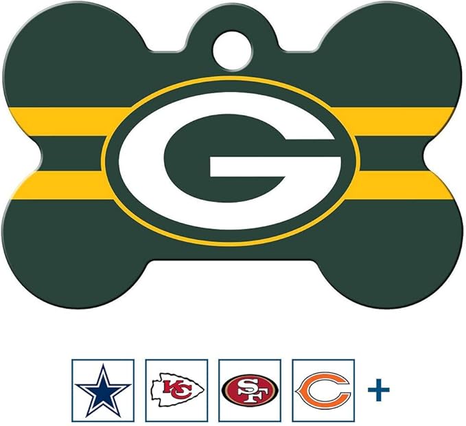 GoTags Personalized Green Bay Packers Dog Tag, Brass Metal Bone Shape Pet ID Tag Engraved with Name and Custom Text, Every NFL Football Team Pet Apparel (Large)